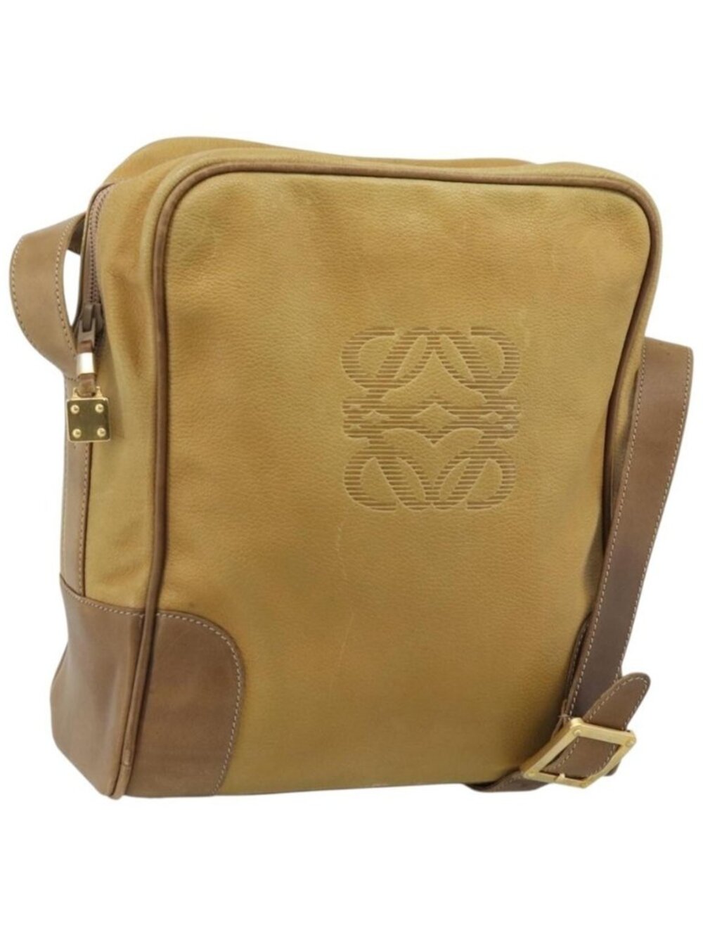 Authentic LOEWE Shoulder Bag Leather Beige Gold Tone